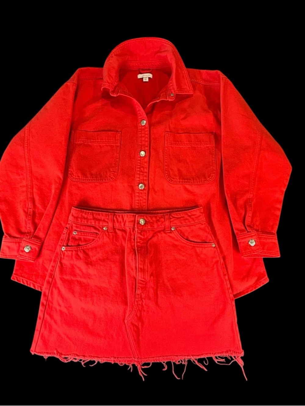 Topshop Red Denim Mini Skirt & Jacket Set Women’s Size 8-10